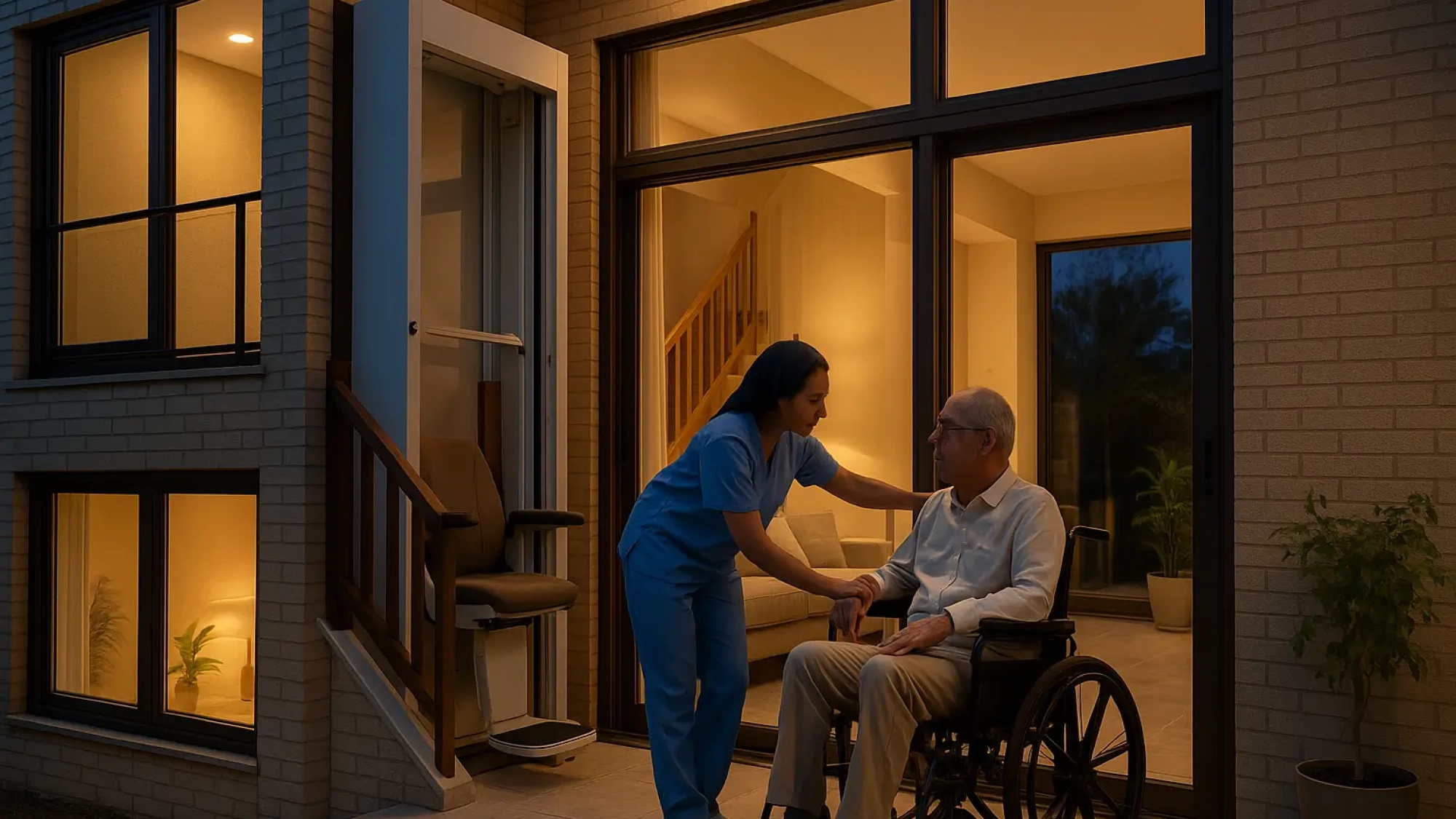 مراقب در حال کمک به جابجایی بیمار روی ویلچر با استفاده از بالابر خانگی در خانه دوبلکس ایرانی مدرن، با نور طبیعی و فضای ایمن و آرام