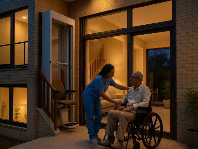 مراقب در حال کمک به جابجایی بیمار روی ویلچر با استفاده از بالابر خانگی در خانه دوبلکس ایرانی مدرن، با نور طبیعی و فضای ایمن و آرام