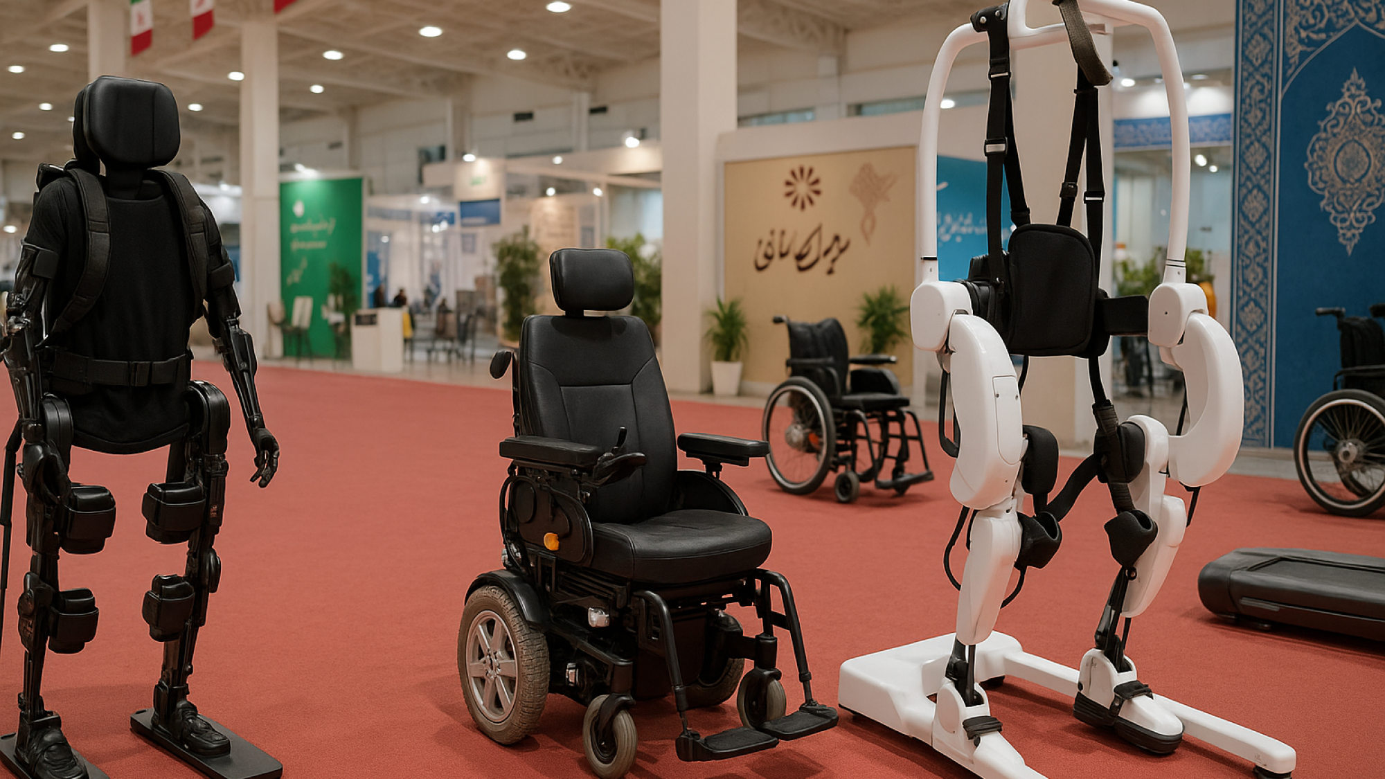 نمایی واقعی از نمایشگاه تجهیزات توان‌بخشی در ایران با حضور دستگاه‌های مدرن توان‌افزایی، ویلچرهای هوشمند و ربات‌های کمک‌حرکتی در محیطی روشن، حرفه‌ای و دارای المان‌های ایرانی.