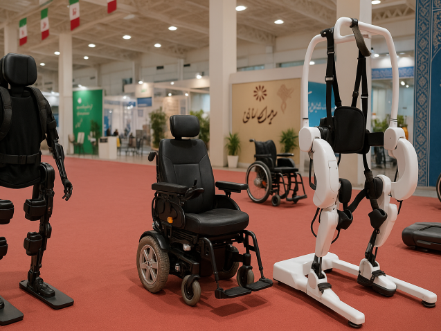 نمایی واقعی از نمایشگاه تجهیزات توان‌بخشی در ایران با حضور دستگاه‌های مدرن توان‌افزایی، ویلچرهای هوشمند و ربات‌های کمک‌حرکتی در محیطی روشن، حرفه‌ای و دارای المان‌های ایرانی.