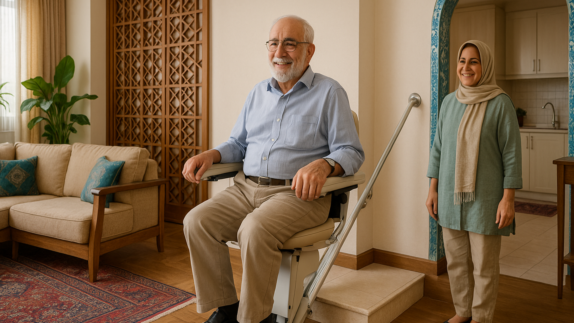 «سالمند ایرانی در حال استفاده از بالابر خانگی در خانه‌ای مدرن با طراحی ایرانی، همراه با لبخند و احساس رضایت در کنار یکی از اعضای خانواده»