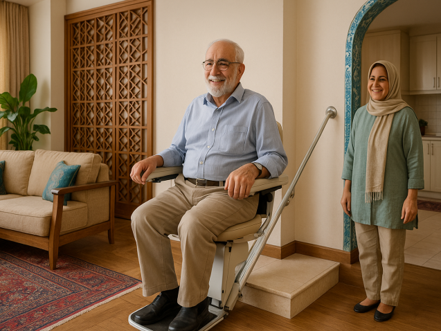 «سالمند ایرانی در حال استفاده از بالابر خانگی در خانه‌ای مدرن با طراحی ایرانی، همراه با لبخند و احساس رضایت در کنار یکی از اعضای خانواده»