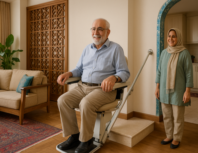«سالمند ایرانی در حال استفاده از بالابر خانگی در خانه‌ای مدرن با طراحی ایرانی، همراه با لبخند و احساس رضایت در کنار یکی از اعضای خانواده»