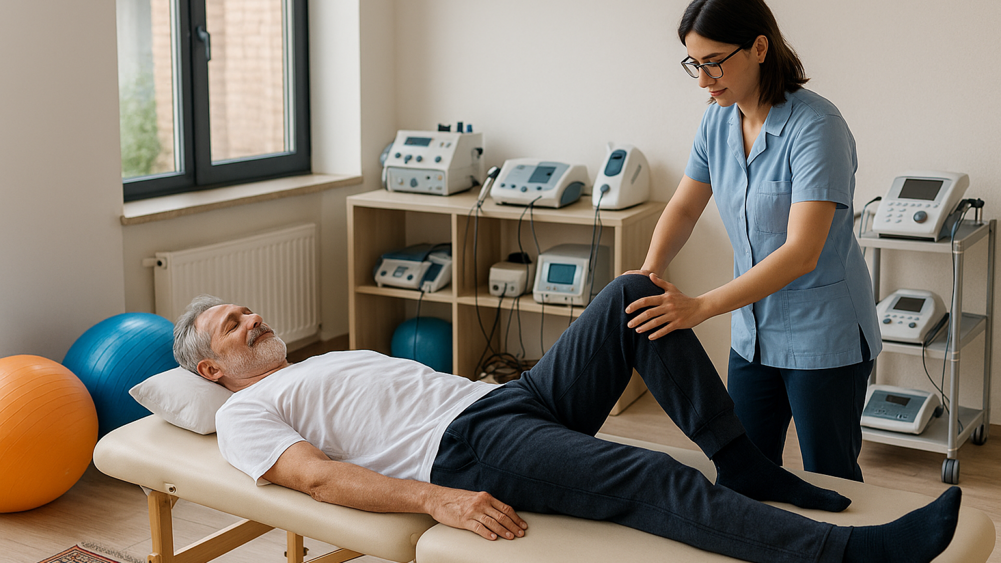 درمانگر فیزیوتراپی در حال کار با بیمار در کلینیکی مدرن با تجهیزات منظم و نور طبیعی برای بهینه‌سازی فضای درمانی.
