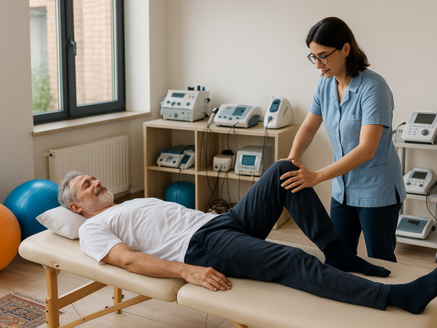درمانگر فیزیوتراپی در حال کار با بیمار در کلینیکی مدرن با تجهیزات منظم و نور طبیعی برای بهینه‌سازی فضای درمانی.