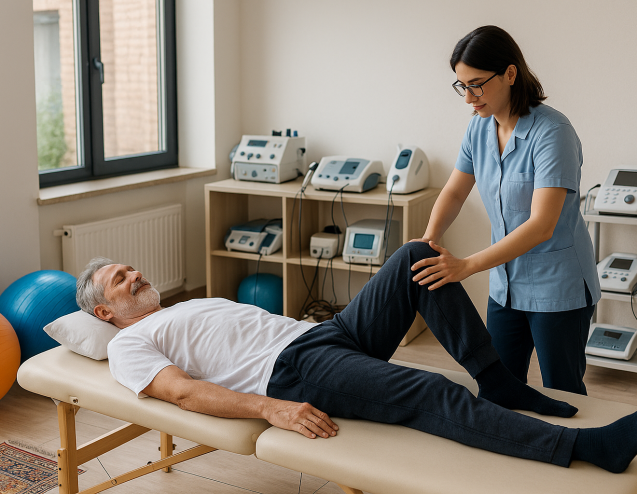 درمانگر فیزیوتراپی در حال کار با بیمار در کلینیکی مدرن با تجهیزات منظم و نور طبیعی برای بهینه‌سازی فضای درمانی.