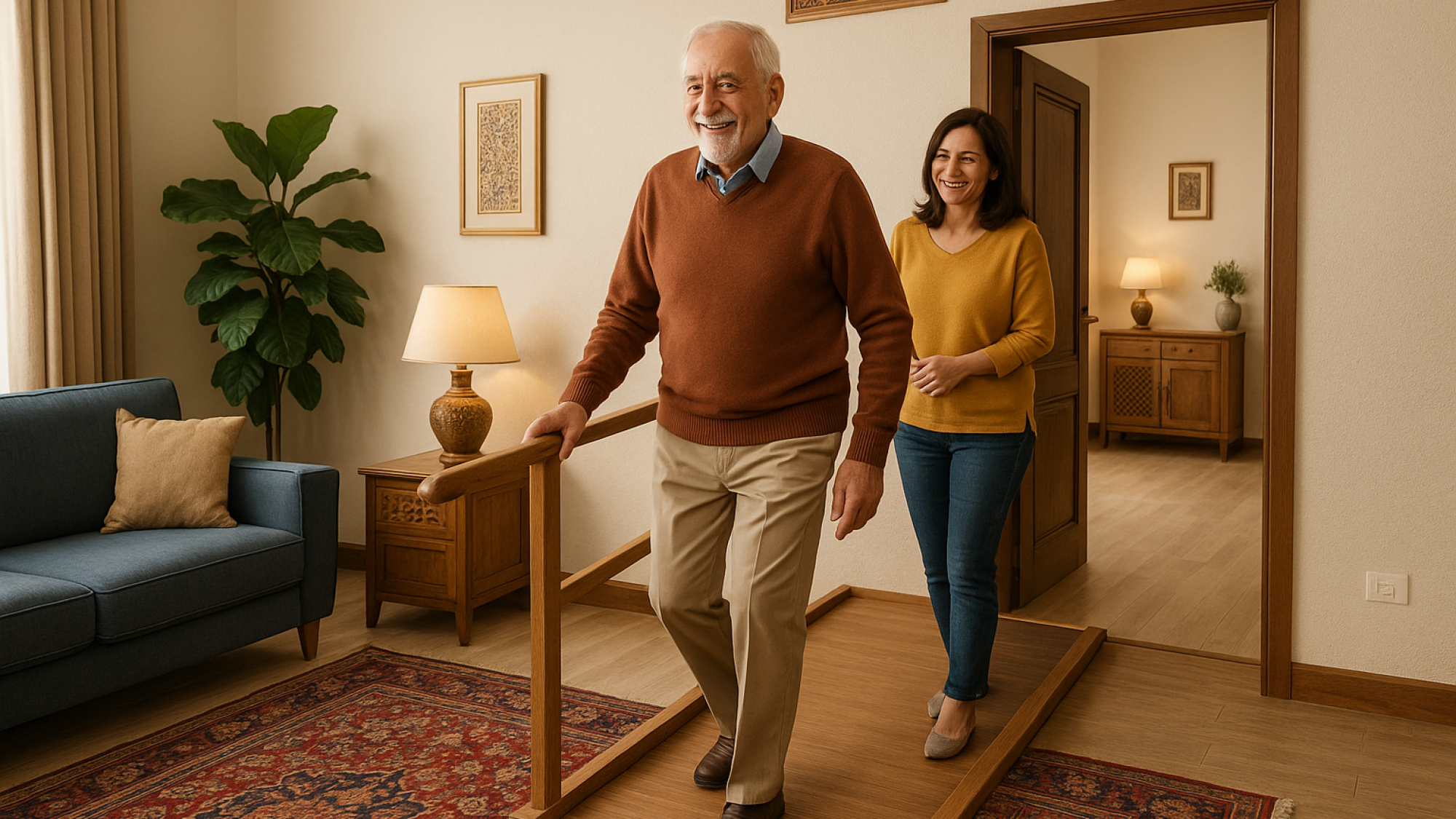 سالمند ایرانی در حال استفاده از رمپ و تجهیزات توان‌بخشی در خانه‌ای ایمن و مدرن برای جلوگیری از سقوط.