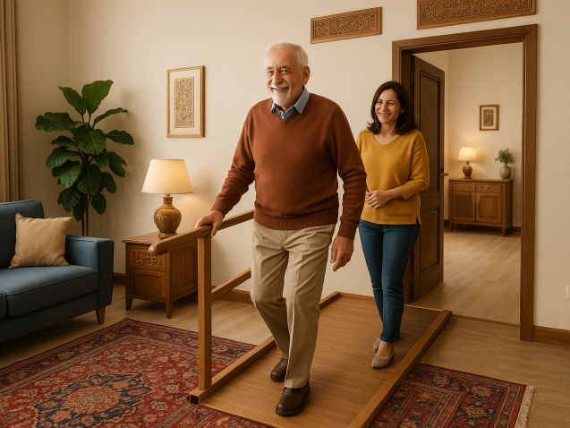 سالمند ایرانی در حال استفاده از رمپ و تجهیزات توان‌بخشی در خانه‌ای ایمن و مدرن برای جلوگیری از سقوط.