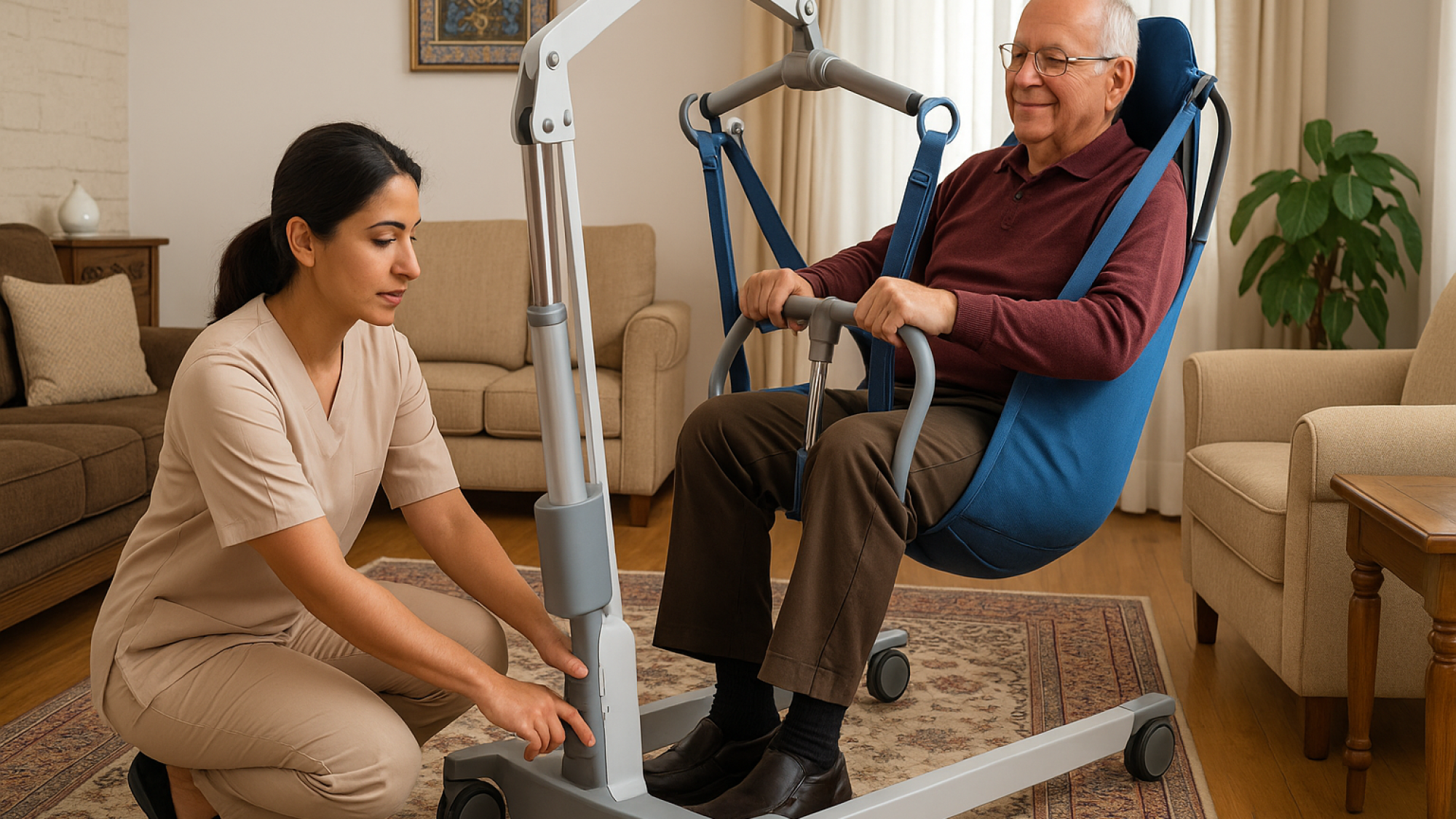 پرستار ایرانی در حال بررسی بالابر بیمار در خانه‌ای مدرن با فرش ایرانی و نور طبیعی، نشان‌دهنده ایمنی و دقت در نگهداری تجهیزات توان‌بخشی.