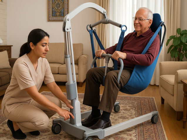 پرستار ایرانی در حال بررسی بالابر بیمار در خانه‌ای مدرن با فرش ایرانی و نور طبیعی، نشان‌دهنده ایمنی و دقت در نگهداری تجهیزات توان‌بخشی.