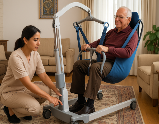 پرستار ایرانی در حال بررسی بالابر بیمار در خانه‌ای مدرن با فرش ایرانی و نور طبیعی، نشان‌دهنده ایمنی و دقت در نگهداری تجهیزات توان‌بخشی.