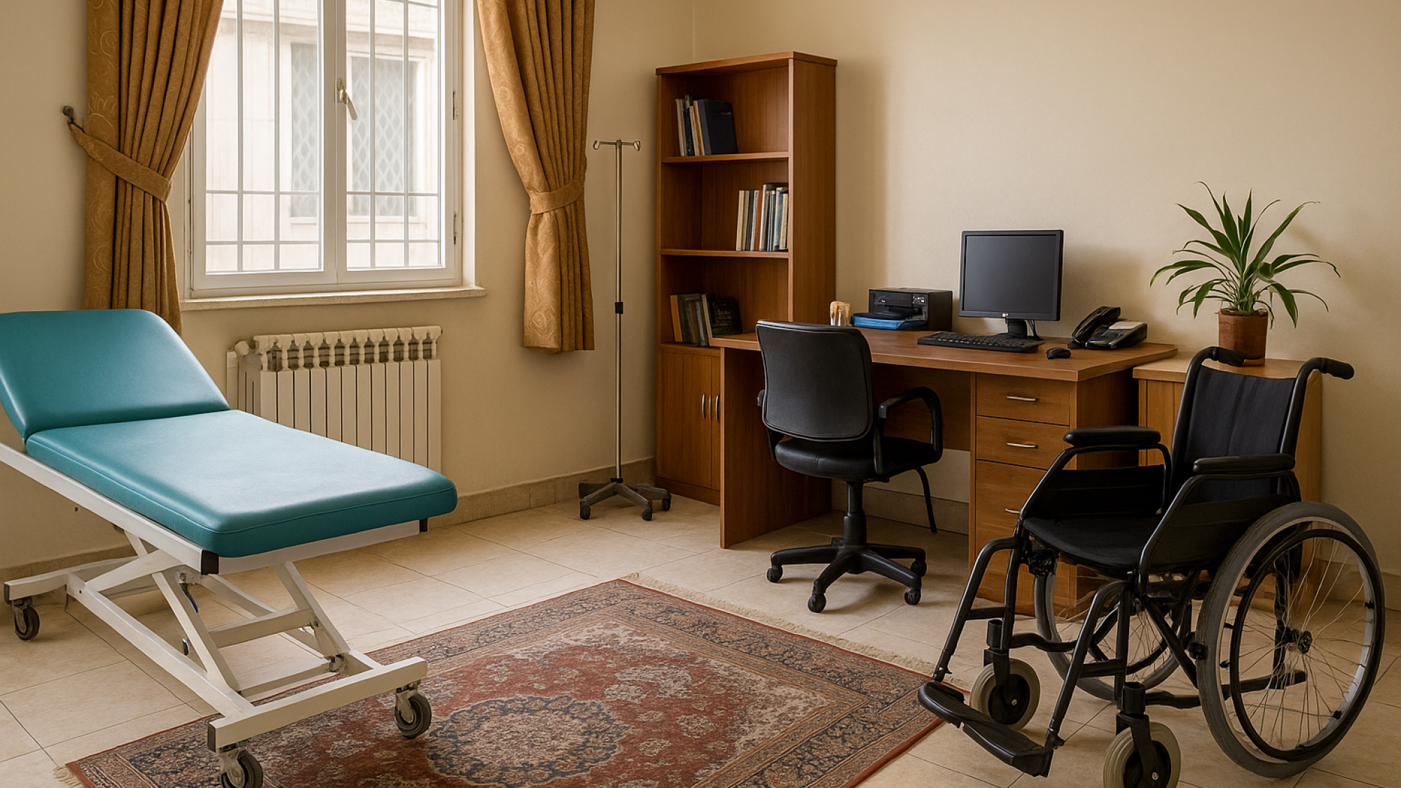 تصویری از یک کلینیک فیزیوتراپی مدرن در ایران با تجهیزات توان‌بخشی مانند تخت تمرین، ویلچر و نرده‌های موازی؛ طراحی فضا با المان‌های معماری ایرانی از جمله آجر و کاشی تزئینی، نور طبیعی و محیطی آرام که نشان‌دهنده‌ی بهره‌وری و دسترس‌پذیری است.