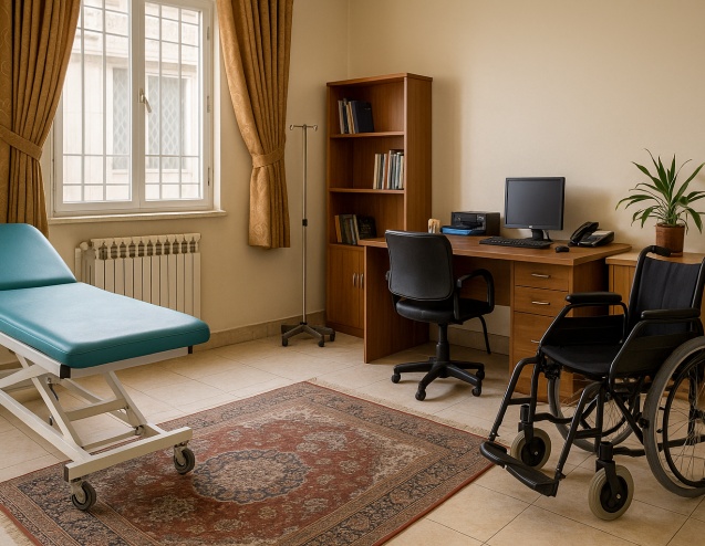 تصویری از یک کلینیک فیزیوتراپی مدرن در ایران با تجهیزات توان‌بخشی مانند تخت تمرین، ویلچر و نرده‌های موازی؛ طراحی فضا با المان‌های معماری ایرانی از جمله آجر و کاشی تزئینی، نور طبیعی و محیطی آرام که نشان‌دهنده‌ی بهره‌وری و دسترس‌پذیری است.