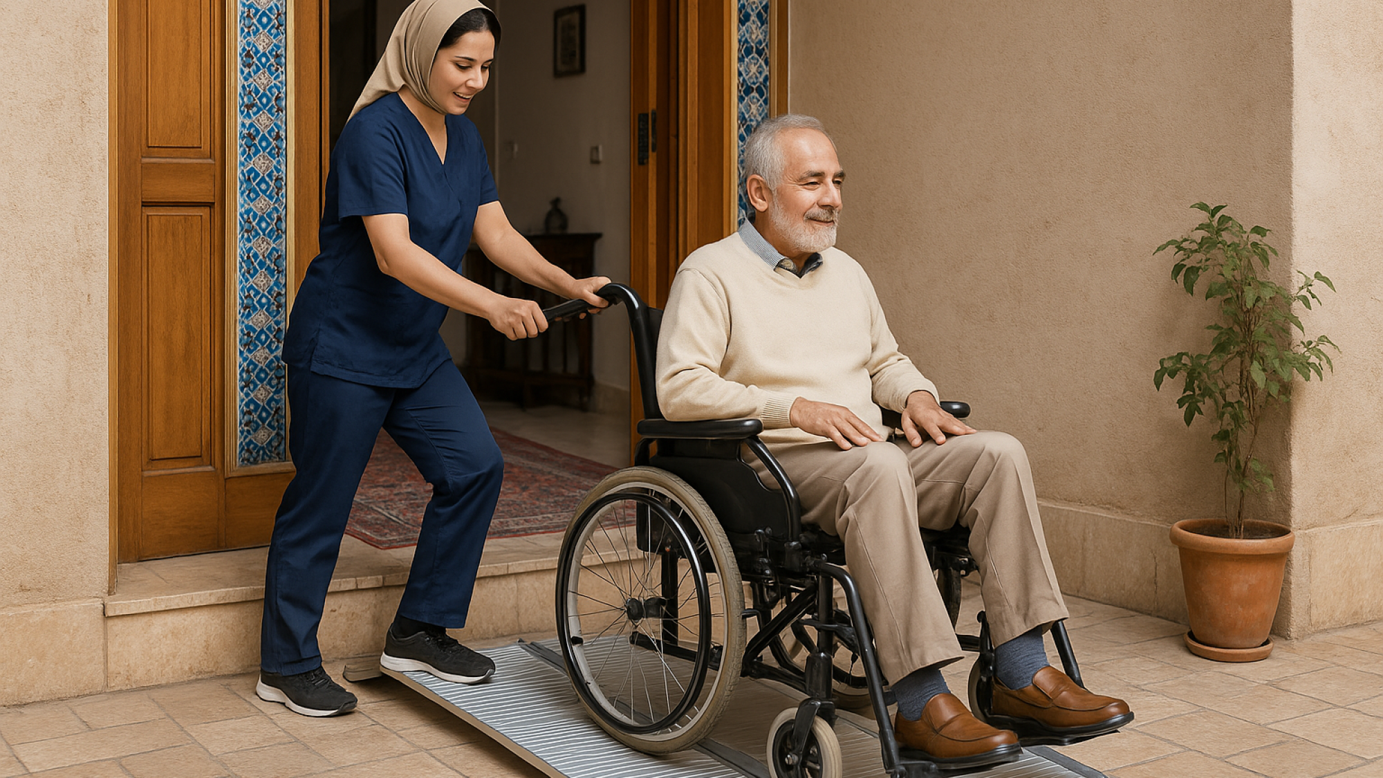 پرستار ایرانی در حال کمک به سالمند برای عبور از روی رمپ پرتابل در ورودی خانه، نمادی از ایمنی، دقت و صرفه‌جویی در زمان و هزینه در خدمات درمانی خانگی.