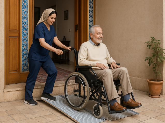 پرستار ایرانی در حال کمک به سالمند برای عبور از روی رمپ پرتابل در ورودی خانه، نمادی از ایمنی، دقت و صرفه‌جویی در زمان و هزینه در خدمات درمانی خانگی.