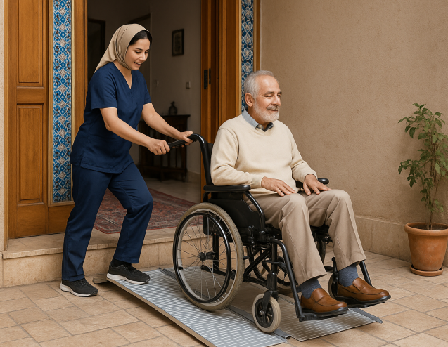پرستار ایرانی در حال کمک به سالمند برای عبور از روی رمپ پرتابل در ورودی خانه، نمادی از ایمنی، دقت و صرفه‌جویی در زمان و هزینه در خدمات درمانی خانگی.