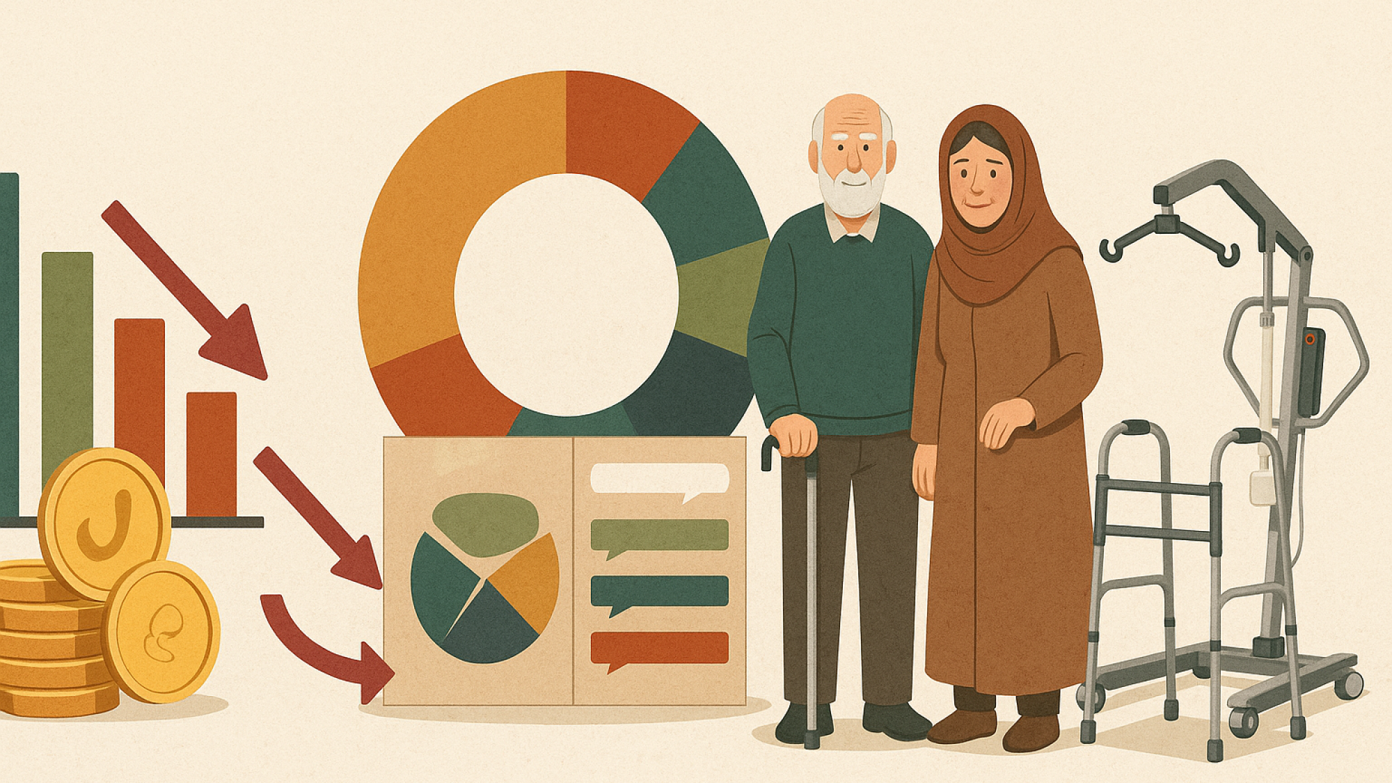 سالمند ایرانی در خانه‌ای مدرن با استفاده از پله‌پیما و میله نگهدارنده در حال حرکت ایمن است؛ نمادی از استقلال، آسایش و استفاده از فناوری‌های نوین توان‌بخشی خانگی.