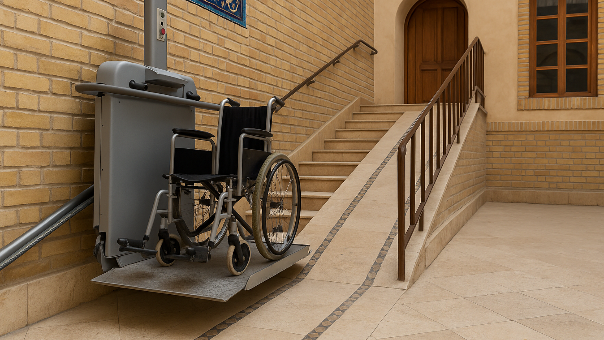 «بازسازی خانه‌ای ایرانی با تمرکز بر دسترس‌پذیری؛ معمار و سالمند در حال بررسی محل نصب رمپ یا بالابر خانگی در فضایی سنتی و مدرن با حس احترام و آرامش.»