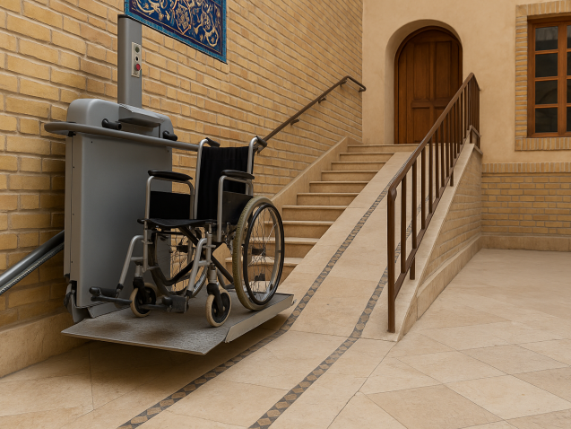 «بازسازی خانه‌ای ایرانی با تمرکز بر دسترس‌پذیری؛ معمار و سالمند در حال بررسی محل نصب رمپ یا بالابر خانگی در فضایی سنتی و مدرن با حس احترام و آرامش.»