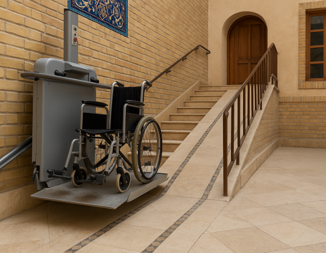 «بازسازی خانه‌ای ایرانی با تمرکز بر دسترس‌پذیری؛ معمار و سالمند در حال بررسی محل نصب رمپ یا بالابر خانگی در فضایی سنتی و مدرن با حس احترام و آرامش.»